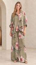 Sage Green floral print button-down shirt and wide-leg pants set front view