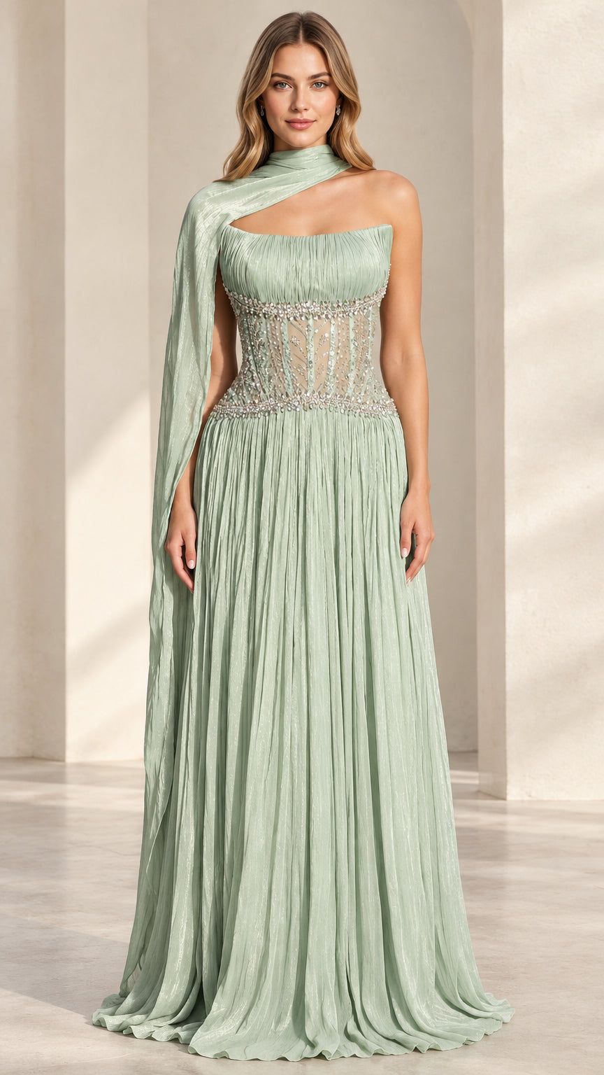 Sage Green pleated evening maxi gown with beaded corset bodice and shoulder cape front view