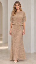 Front view of woman wearing beige textured crochet knit blouson maxi dress