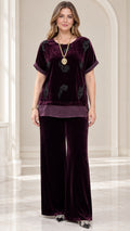 Full front view of model wearing Plum beaded velvet short sleeve top and wide leg pants set