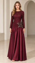 Burgundy long sleeve sequin drop waist formal maxi evening dress front view