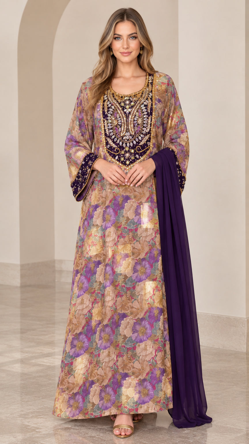 Full-length front view of deep purple floral embellished kaftan dress with draped sash