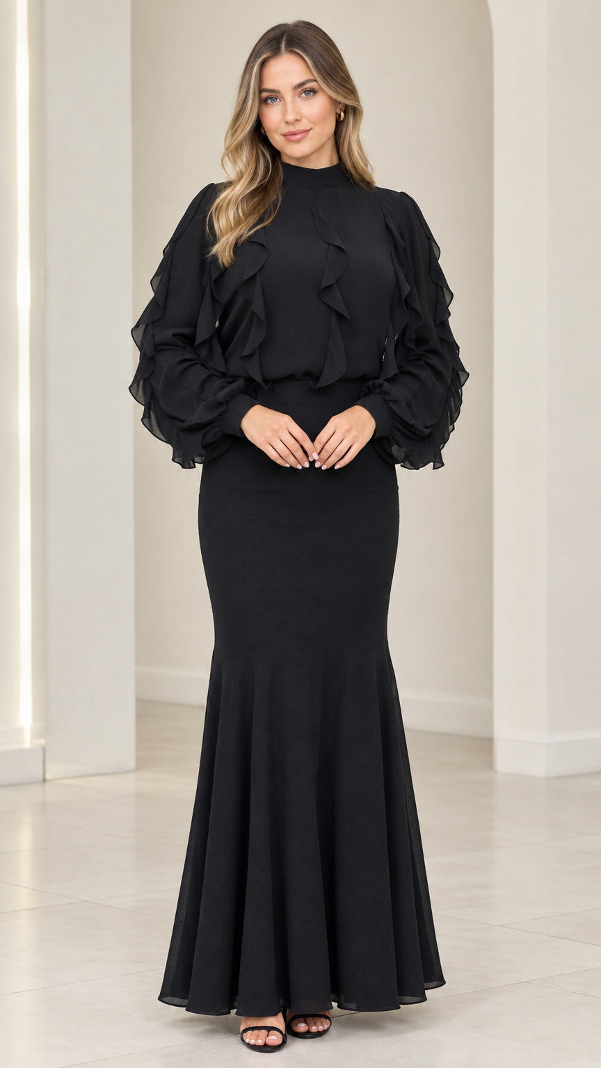 Front view of black mock neck ruffle sleeve mermaid evening maxi dress