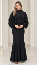 Front view of black mock neck ruffle sleeve mermaid evening maxi dress