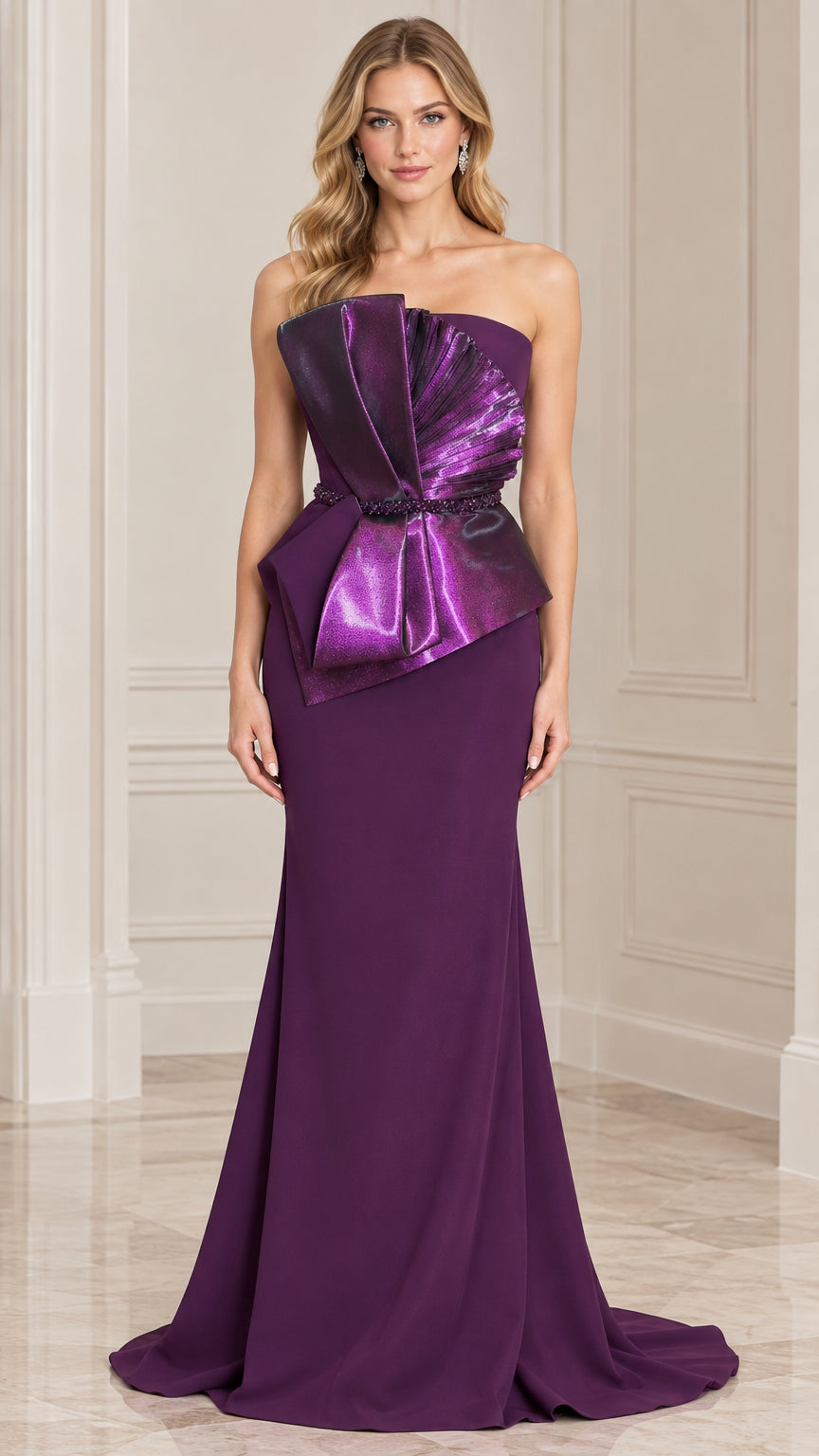 Front full-length view of model wearing purple strapless evening gown with metallic pleated bodice