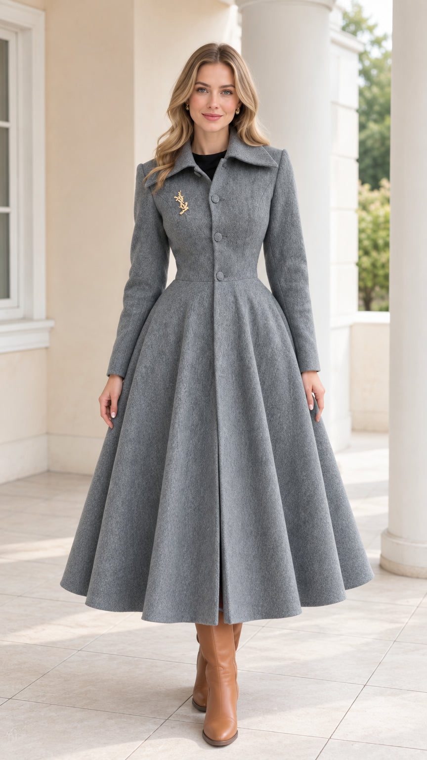 Front view of model wearing grey vintage A-line long swing coat with turn-down collar and brown boots