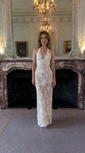 Ivory floral lace halter maxi dress front view