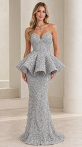 Front full-length view of the strapless silver embroidered peplum mermaid gown