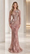Front view of dusty rose floral appliqué beaded long sleeve mermaid gown