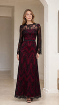 Front full-length view of model in burgundy long sleeve sequin lace evening maxi dress