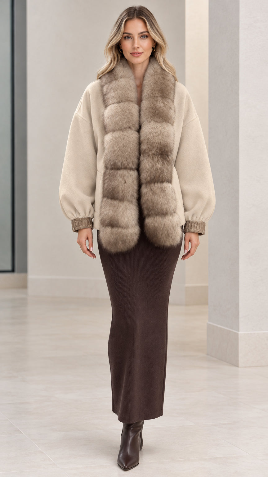Front full view of beige faux fur trim short coat worn with brown knit dress