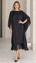 Front view of black satin fringe kaftan dress with batwing sleeves