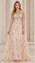 Champagne floor-length cape evening gown with sparkling sequin and bead embellishments - front view