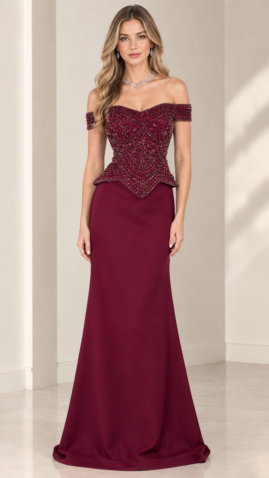 Front view of model wearing burgundy off-the-shoulder beaded basque waist evening gown