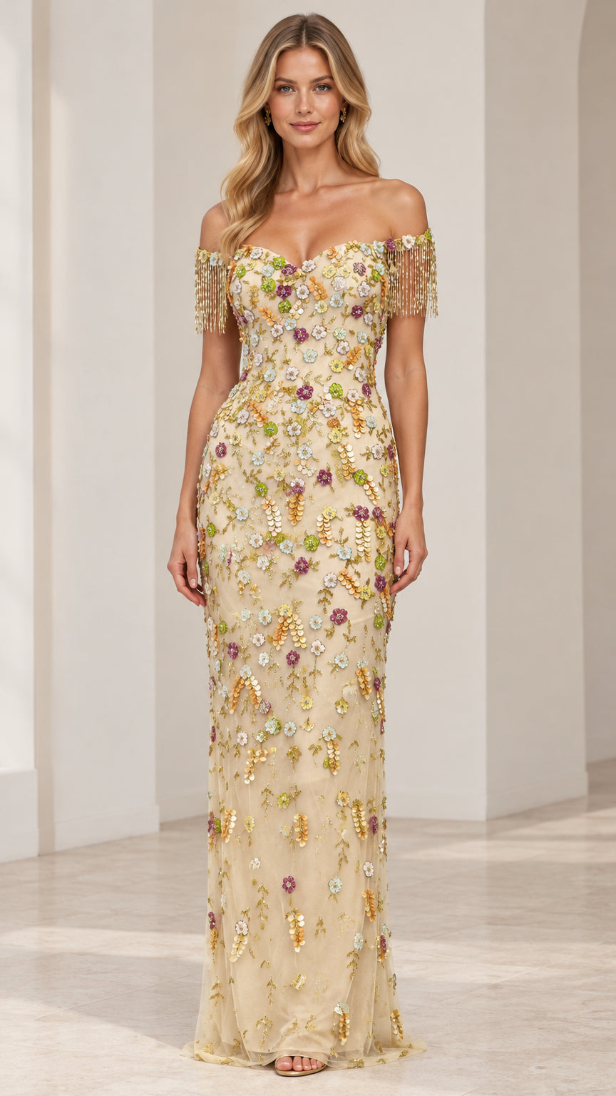 Front view of model wearing Champagne floral embellished off-the-shoulder evening gown with beaded fringe