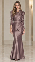 Full front view of model wearing mauve metallic shimmer peplum blazer mermaid gown