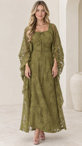 Front full view of woman wearing olive green floral lace maxi dress with flowing kimono sleeves
