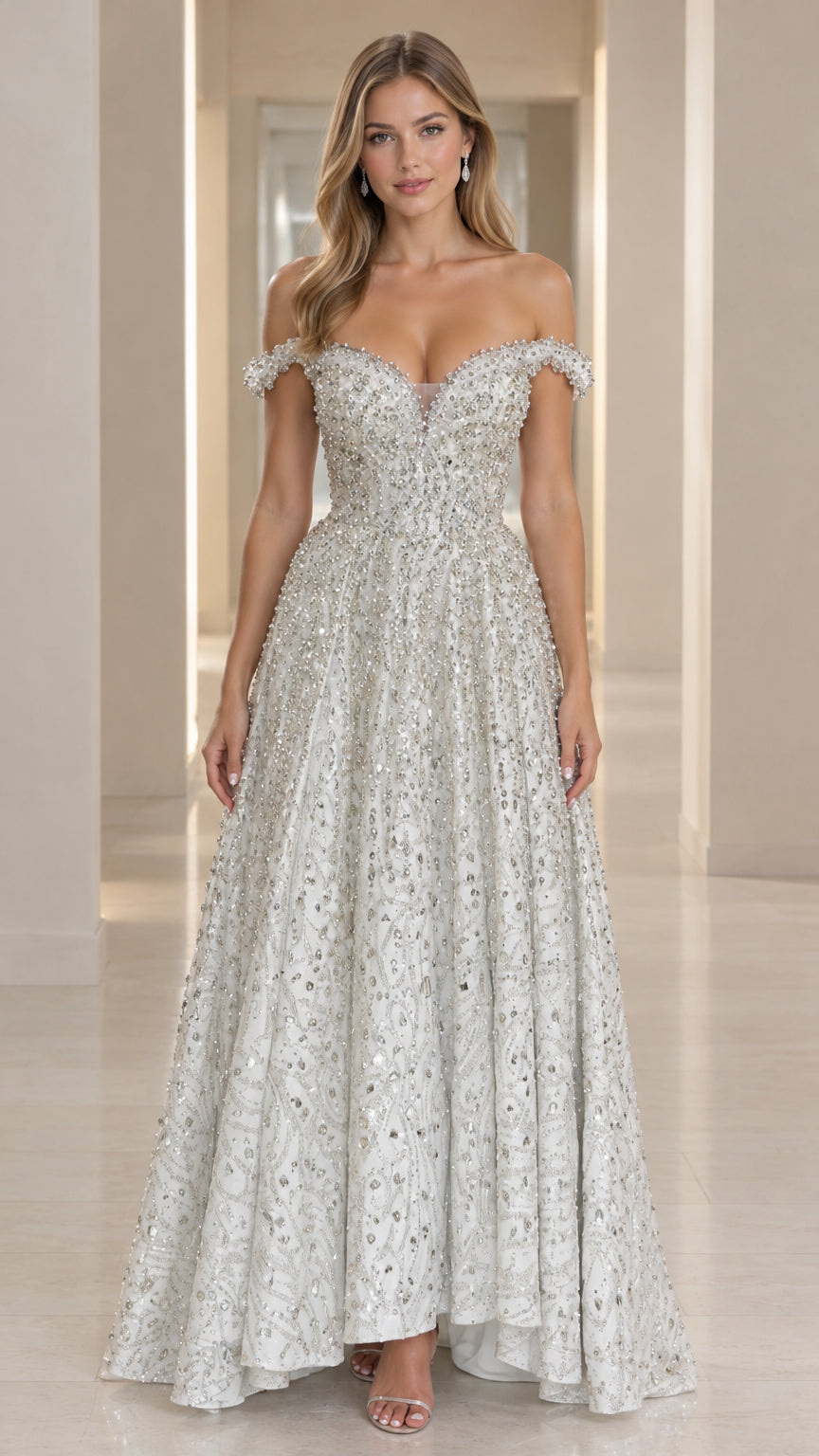 Model wearing silver off-the-shoulder beaded sequin evening gown front view