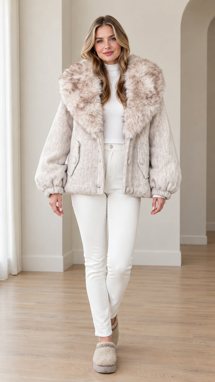Front full view of woman wearing oatmeal faux fur hooded short jacket