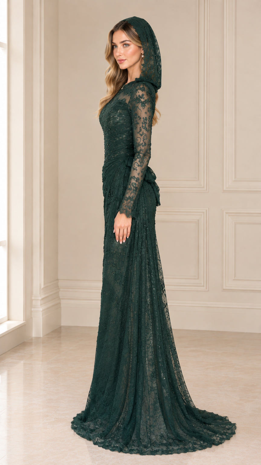 Side profile view of emerald green hooded lace formal maxi dress