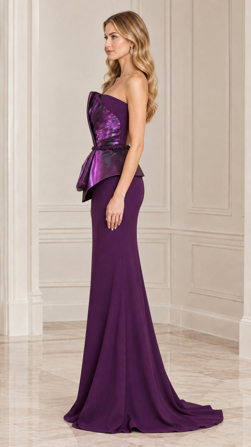 Side profile of model in purple strapless mermaid gown showing contoured fit and silhouette