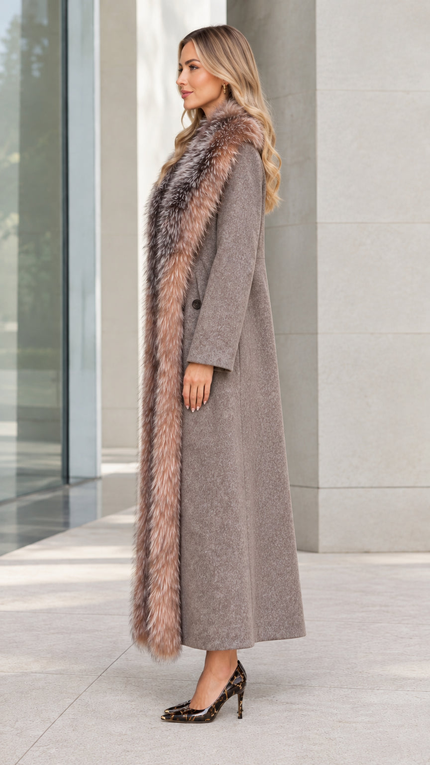 Side profile view of taupe longline winter overcoat with faux fur trim