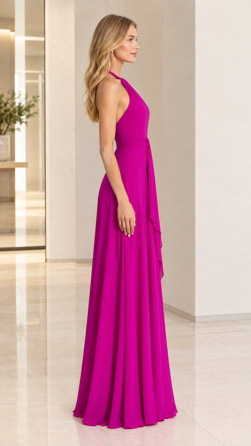 Side view of model wearing a magenta halter neck maxi gown with flowing skirt
