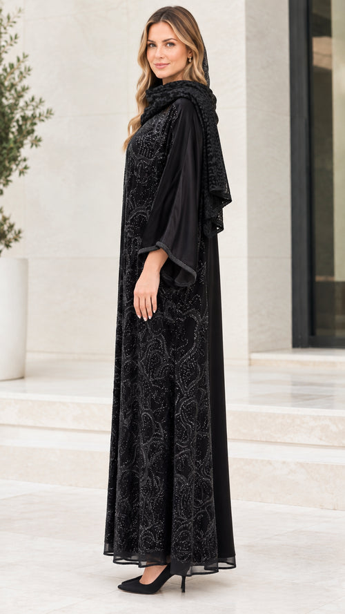 Side angle view of black sequined 3-piece abaya set showing flowing maxi length