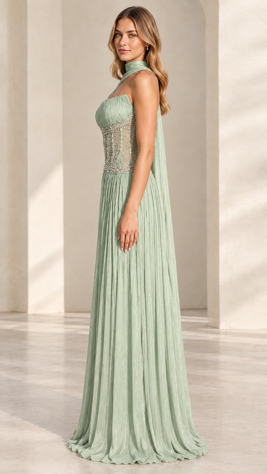 Sage Green formal corset gown side profile showing draped scarf and pleated maxi skirt