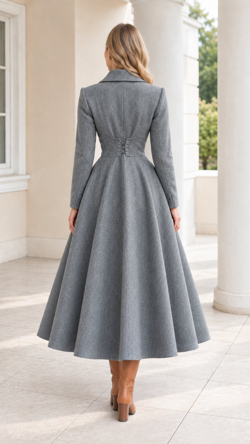 Back view of grey maxi coat showing the lace-up corset waist detailing
