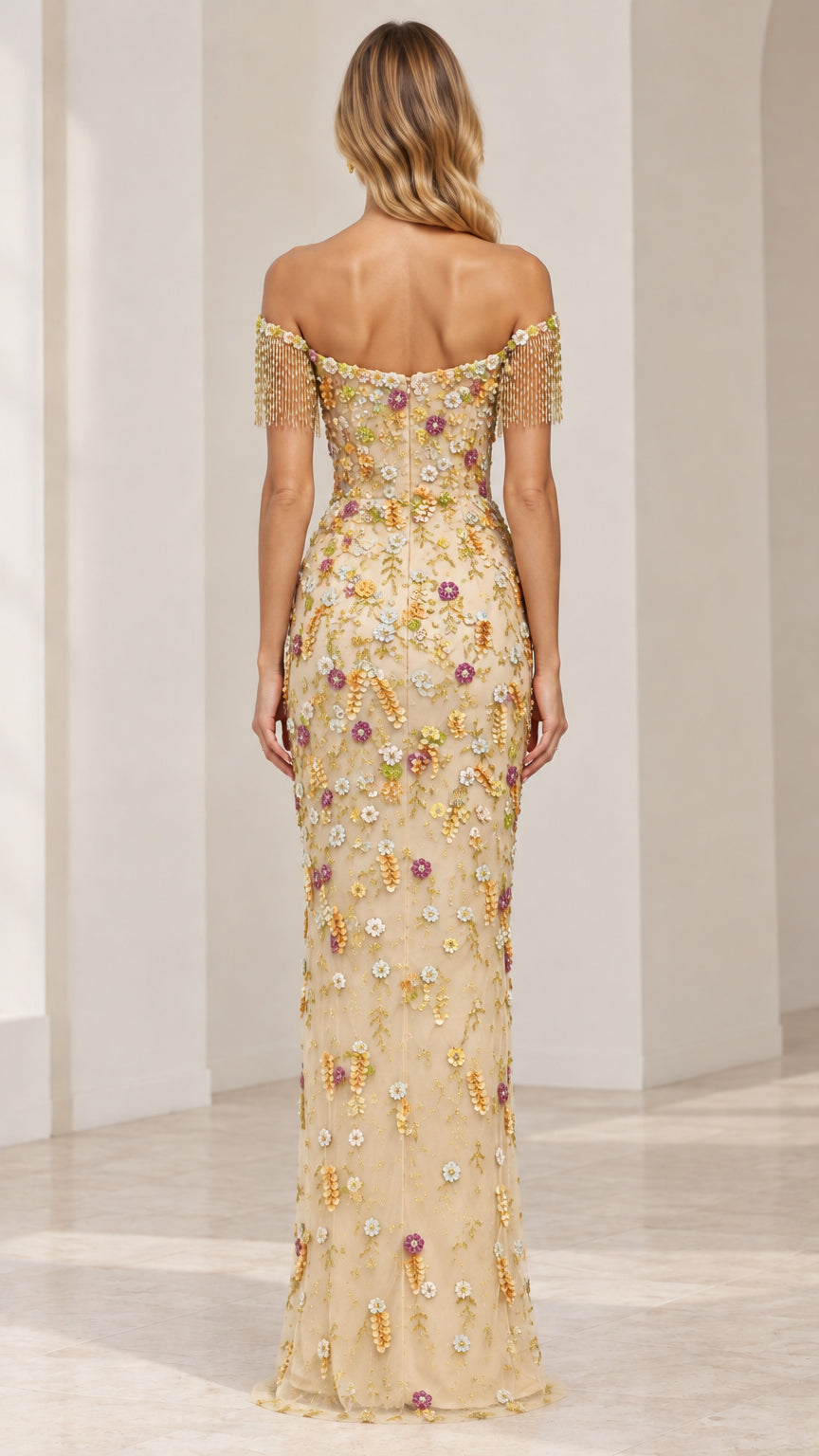 Back view of model in Champagne off-the-shoulder floor-length evening dress
