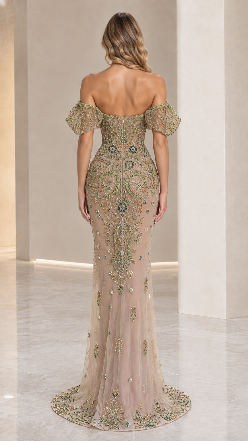 Champagne formal evening gown back view highlighting off-shoulder cut and train