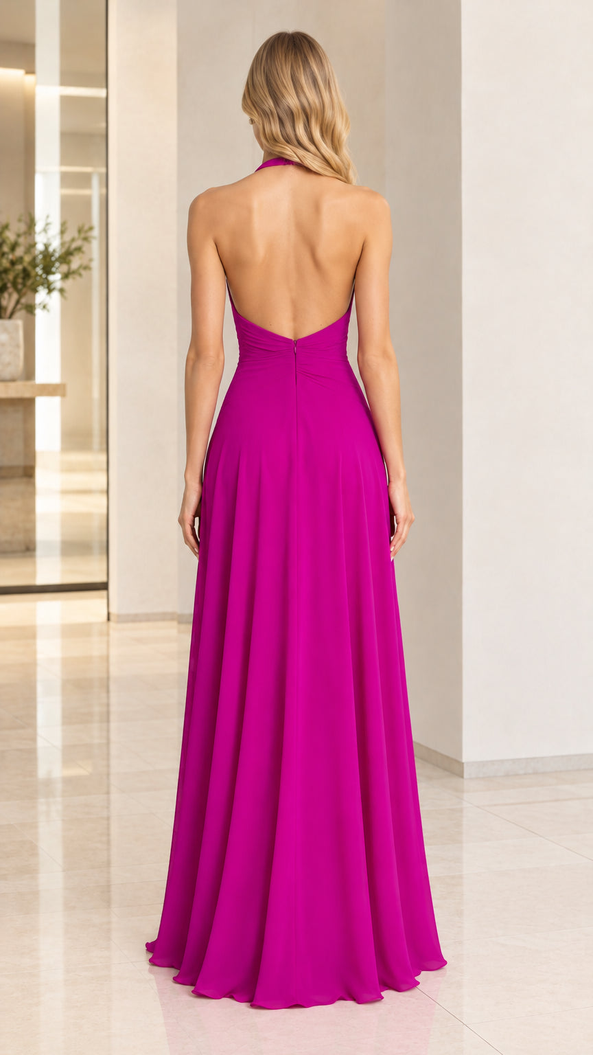 Back view of model in an open back magenta halter evening gown