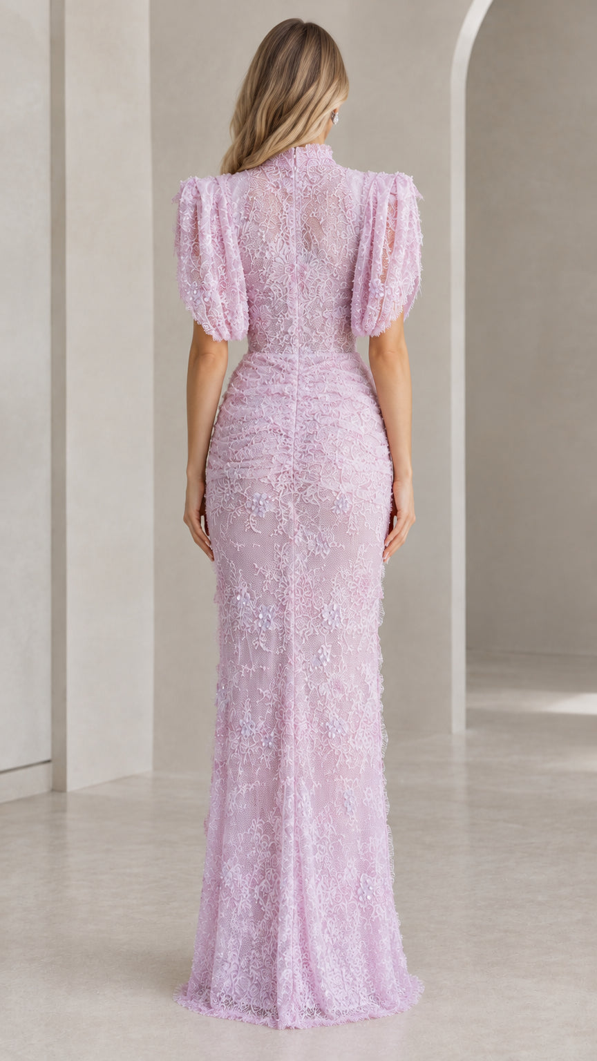 Back view of model wearing lavender high neck floral lace evening dress