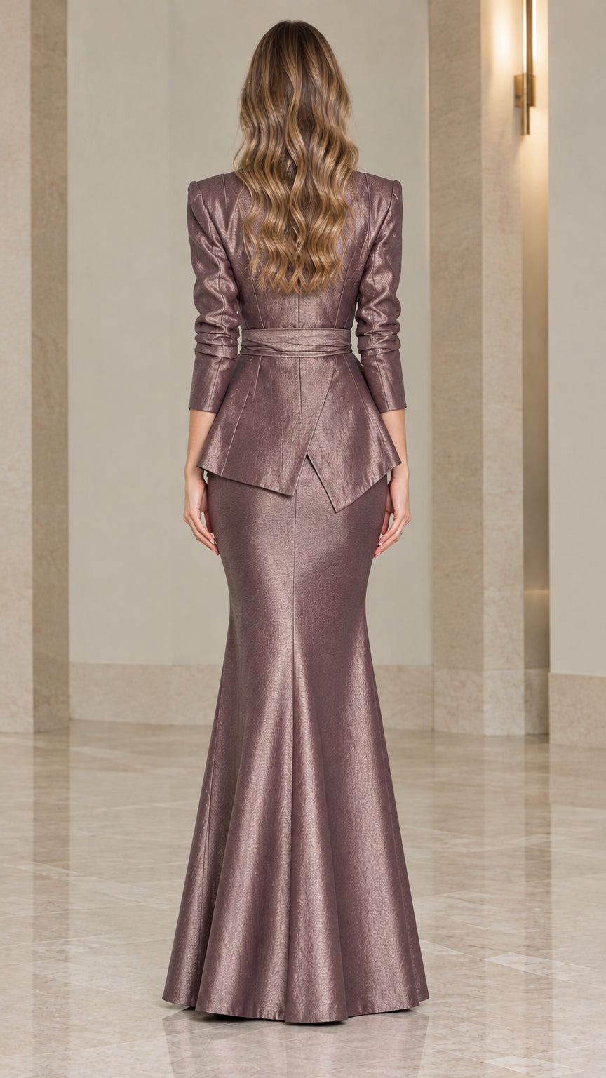Back view of mauve tailored mermaid floor-length formal gown