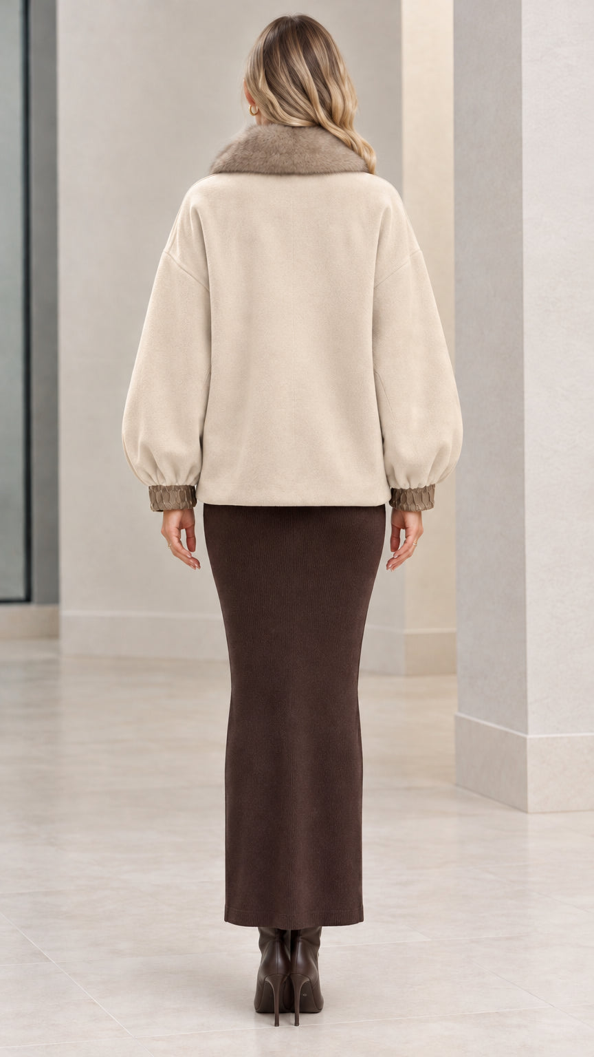 Back view of beige short coat showing stand collar detail