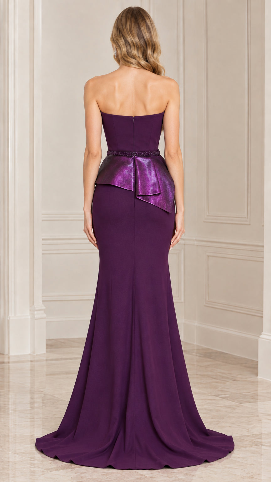 Back view of purple formal dress showcasing straight strapless back and floor-length sweep train