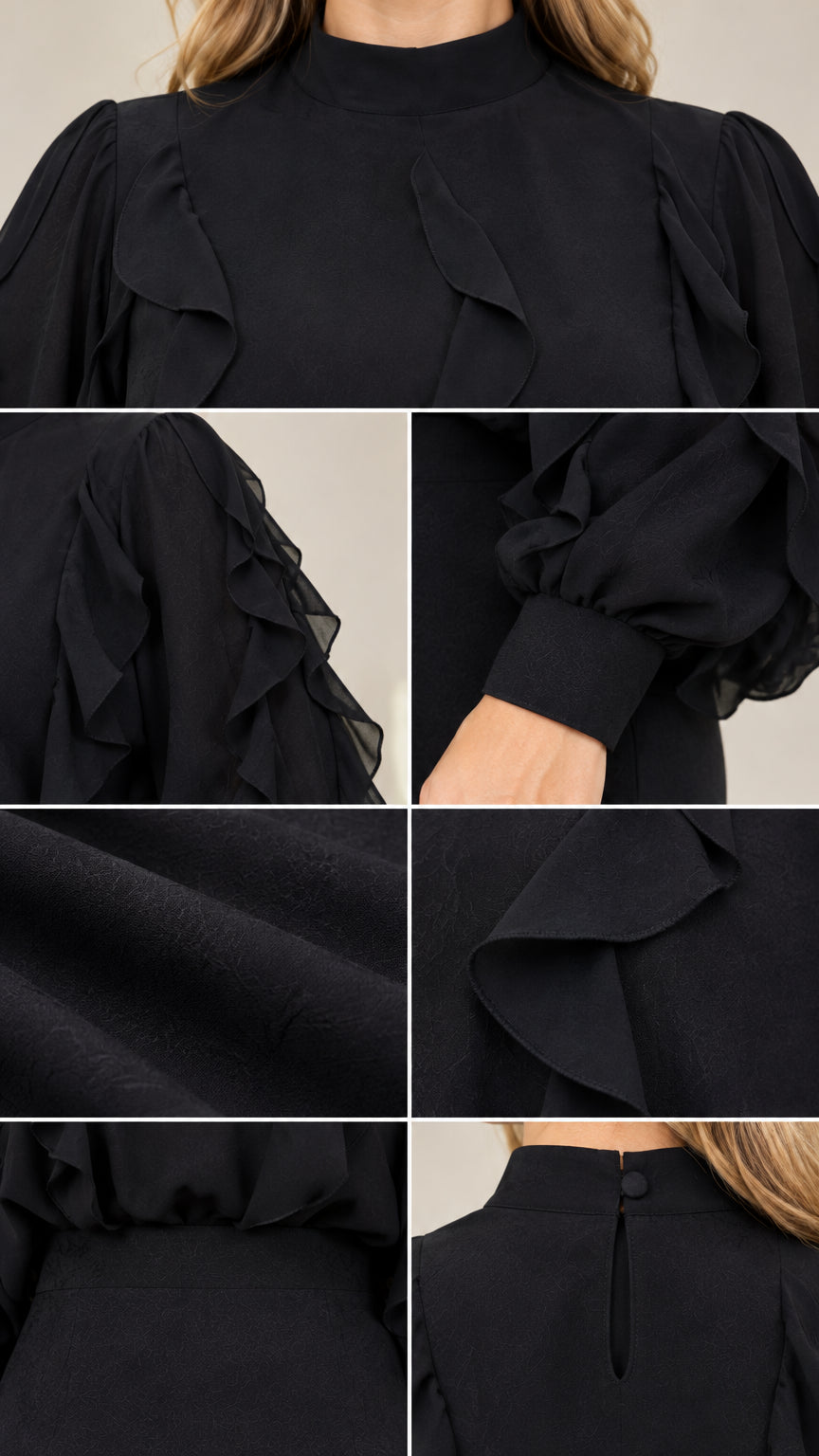 Close-up details of ruffled sleeves, neckline, and smooth fabric