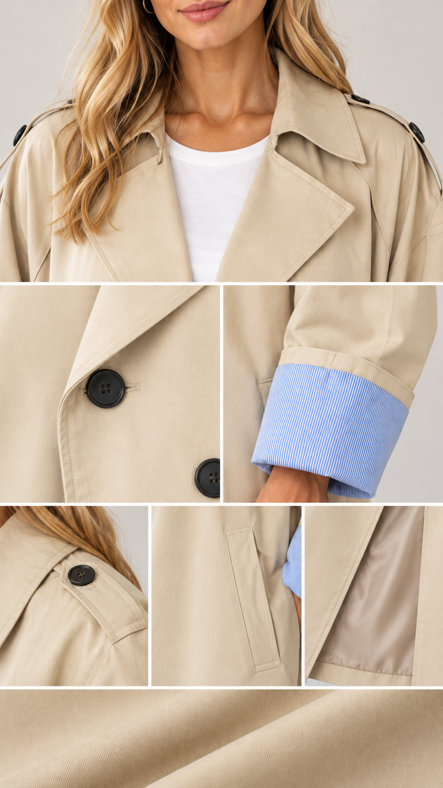 Close-up details of beige trench coat including lapels, contrast blue cuff lining, shoulder tab, and button closure