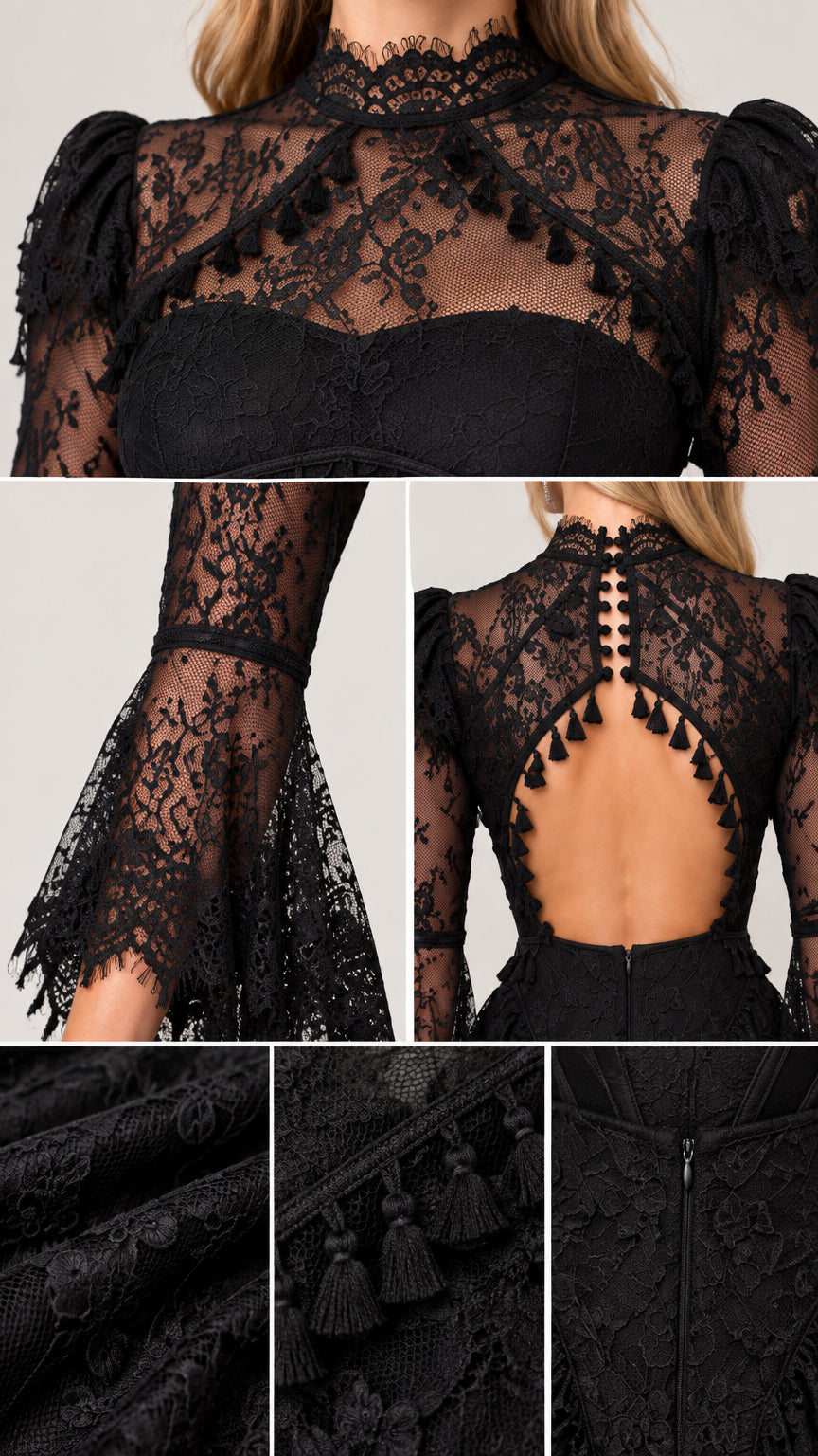 Close-up details of sheer lace neckline, bell cuffs, back cutout, and tassel trims