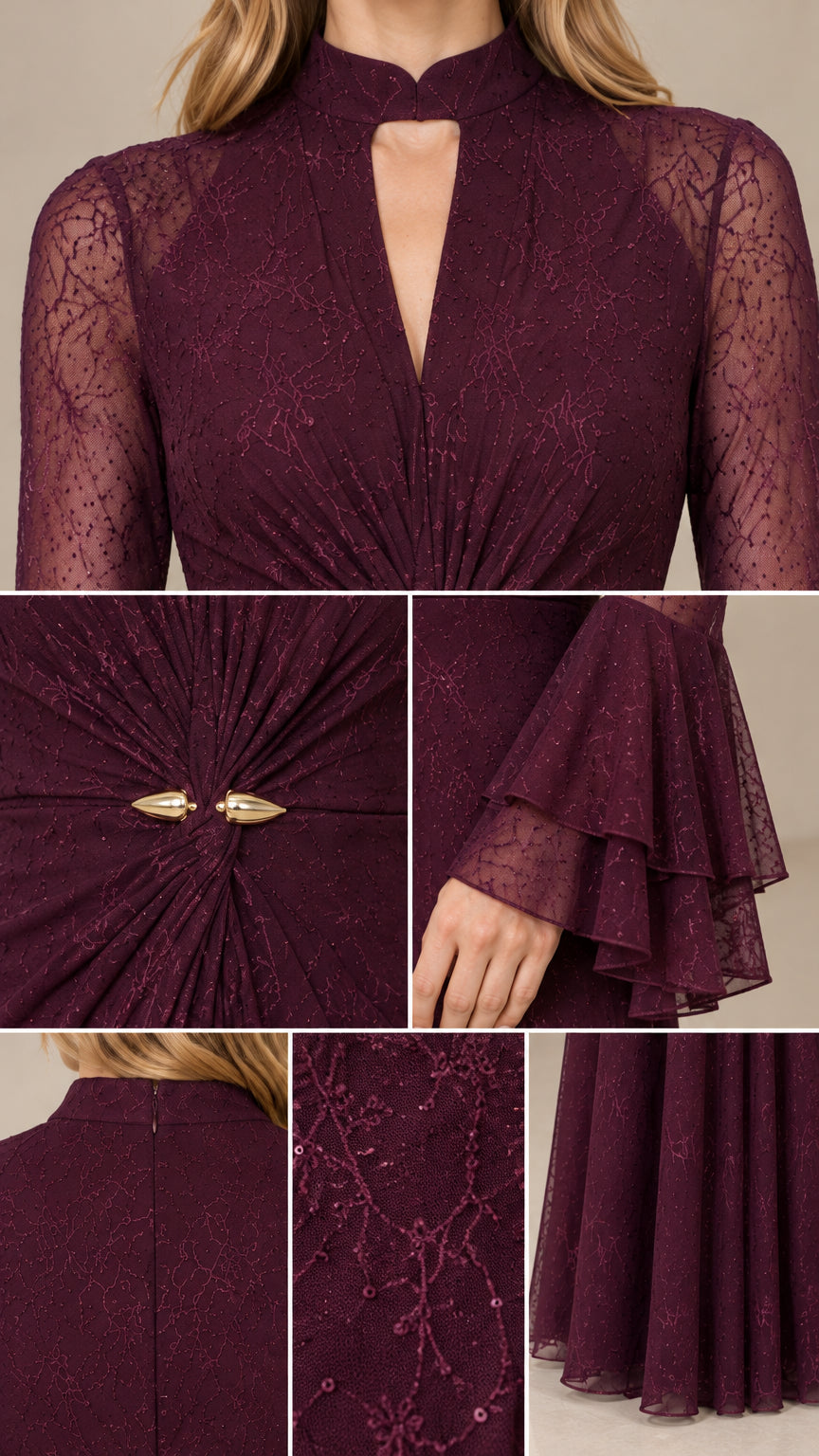 Close-up details of burgundy lace fabric, waist clasp, keyhole neckline, and tiered cuff