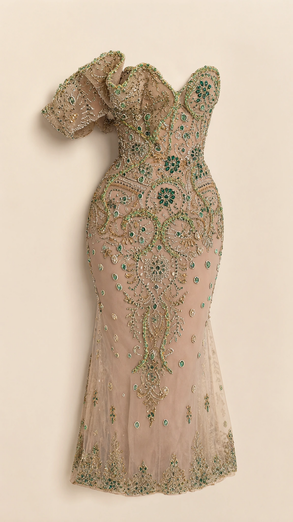 Flat display of champagne beaded sweetheart gown with structural ruffle shoulder