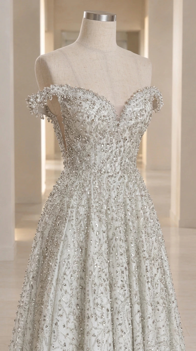 Mannequin display showing detailed beaded and sequined bodice of silver gown