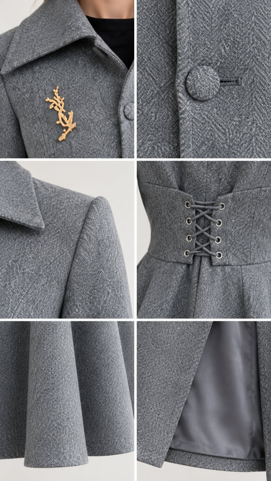 Close-up details of grey coat including lapel collar, covered buttons, corset back, and lined hem