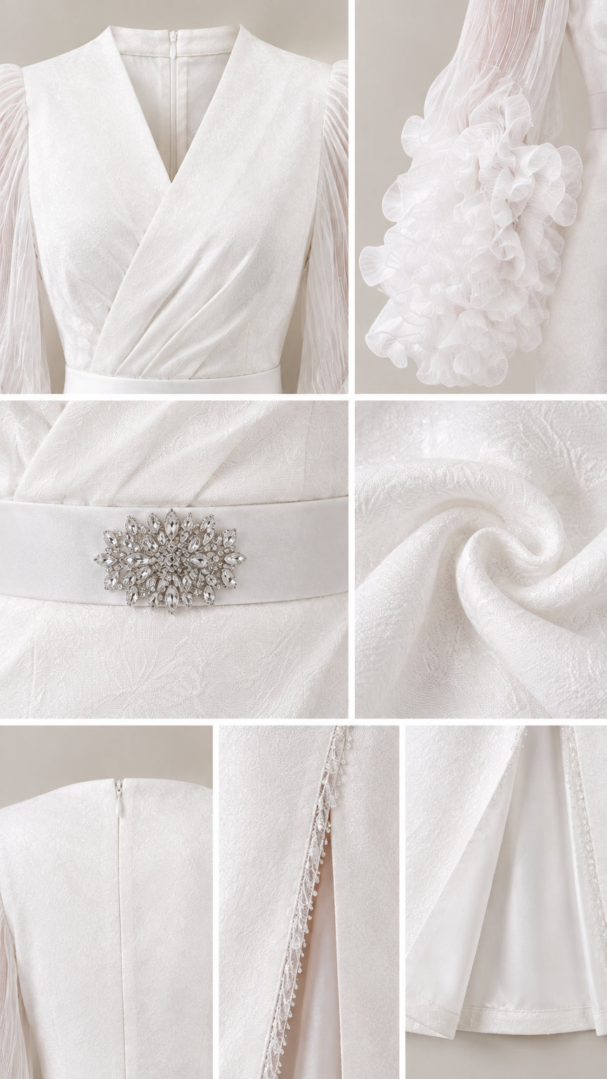 Detailed close-up collage of neckline, ruffle cuff, crystal belt buckle, and slit trim