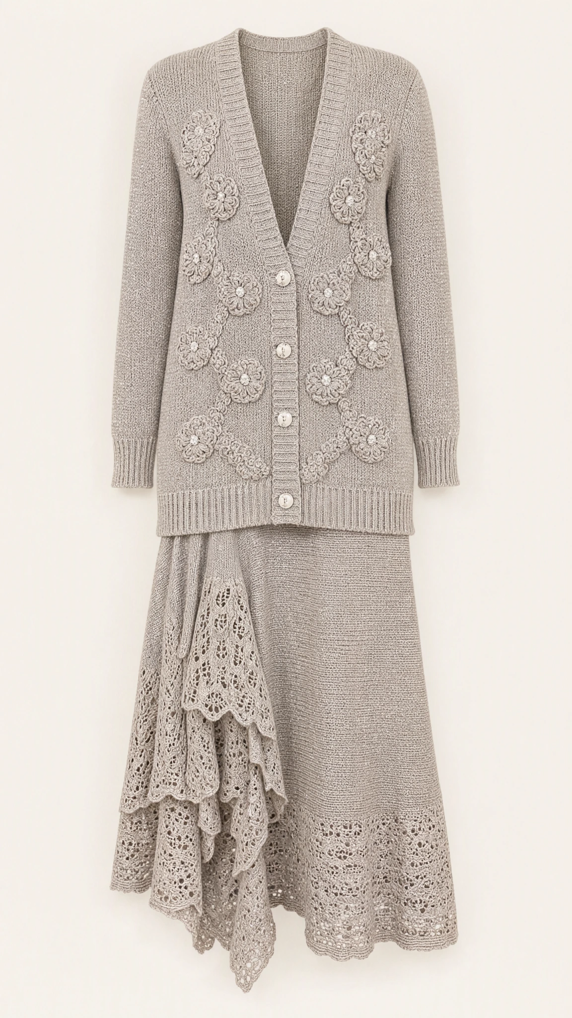 Studio product flat lay of silver grey floral applique knit cardigan and lace hem skirt set
