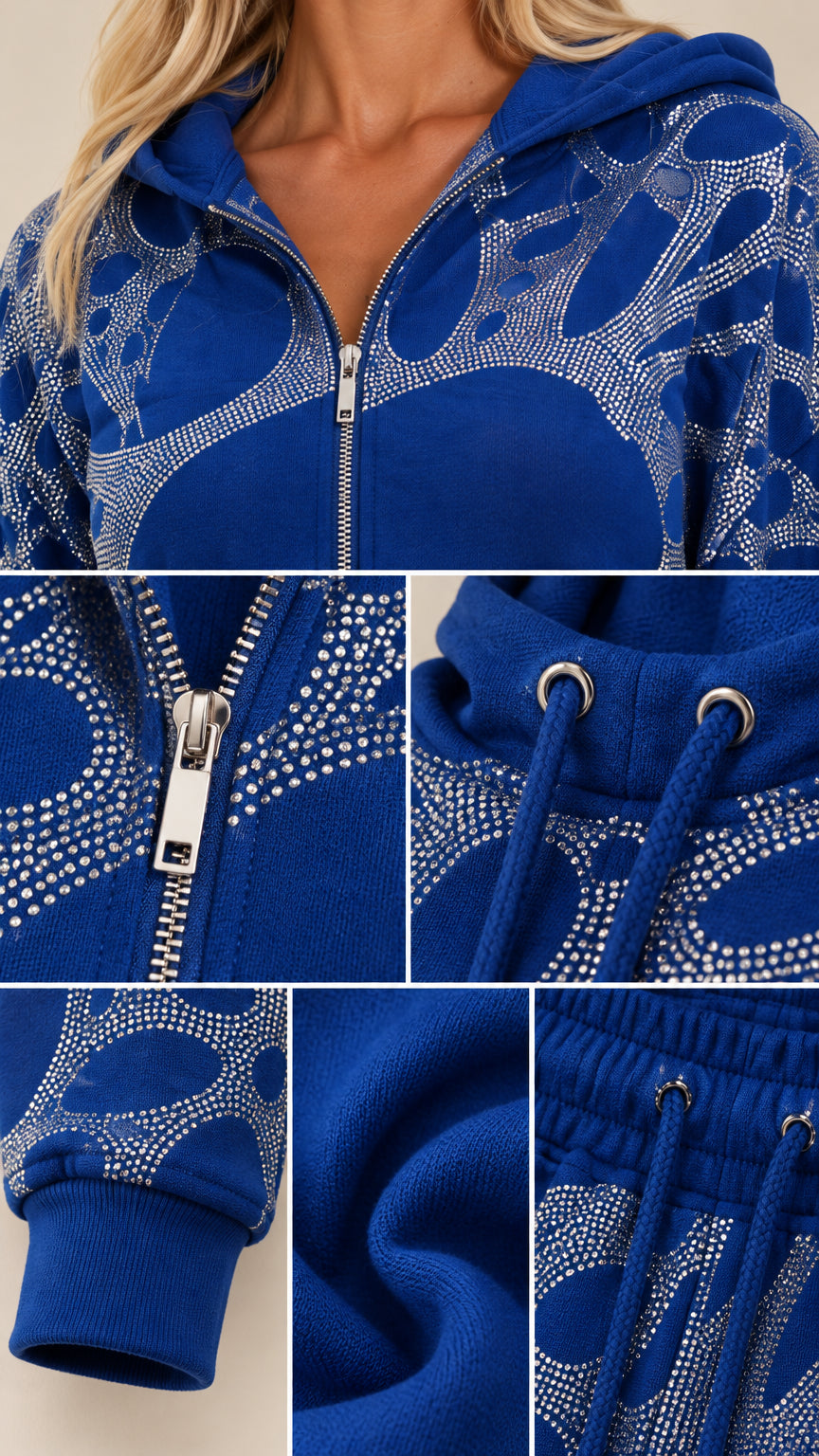 Close-up detail view of Royal Blue rhinestone pattern, metal zipper, hood drawstring, and soft fleece texture
