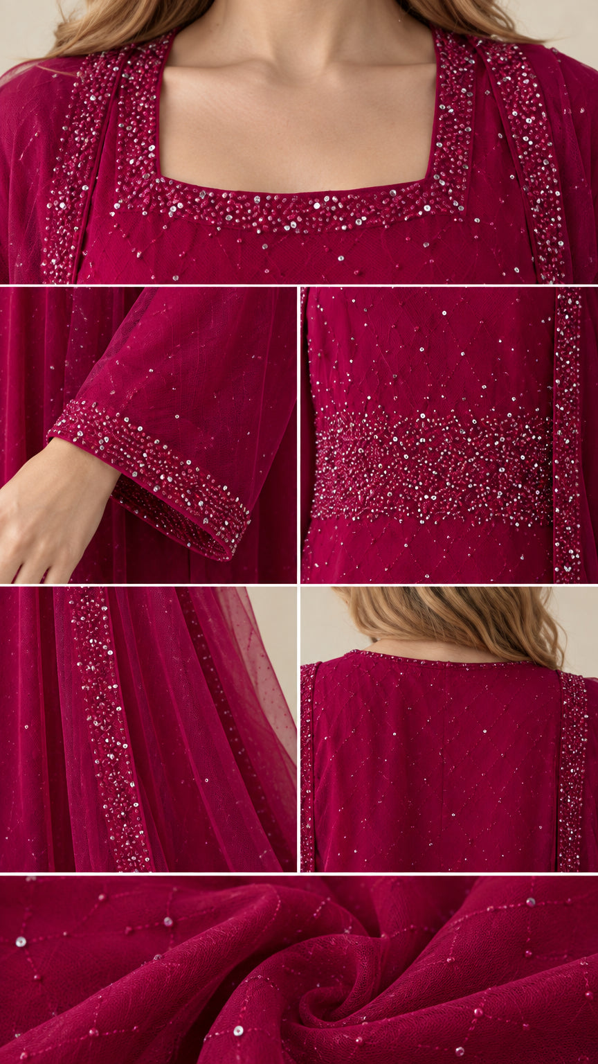 Close-up details of beaded square neckline, sleeve cuffs, and sparkling trim