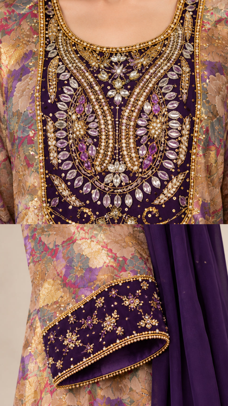 Close-up detail of rhinestone and beaded neckline embroidery and cuff details