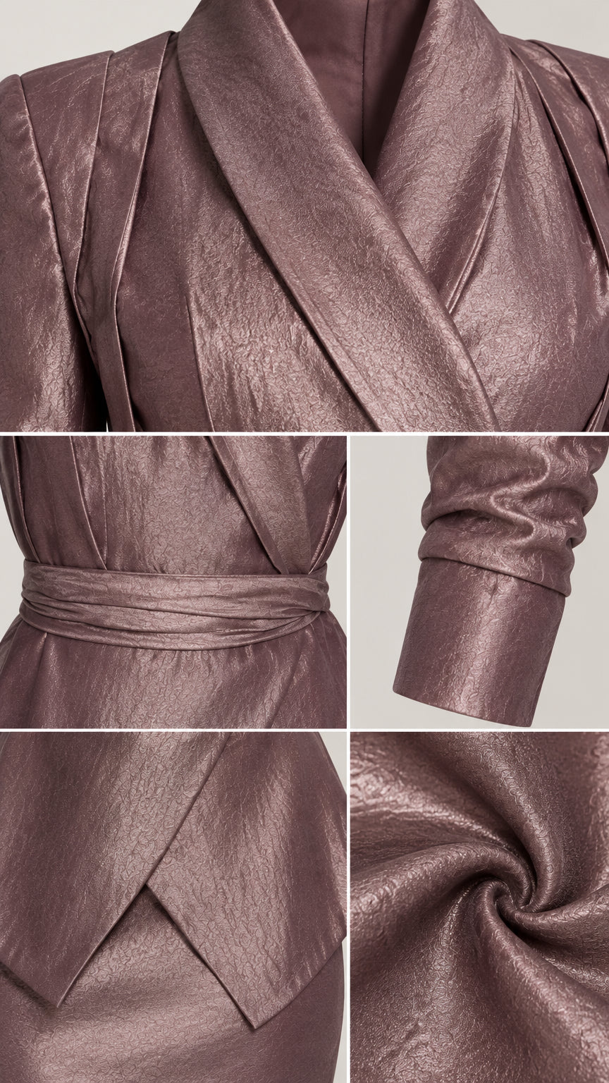Close-up details of collar, waist sash, cuff, and shimmer fabric texture
